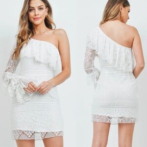 White Lace One Sleeve Ruffle Mini Dress